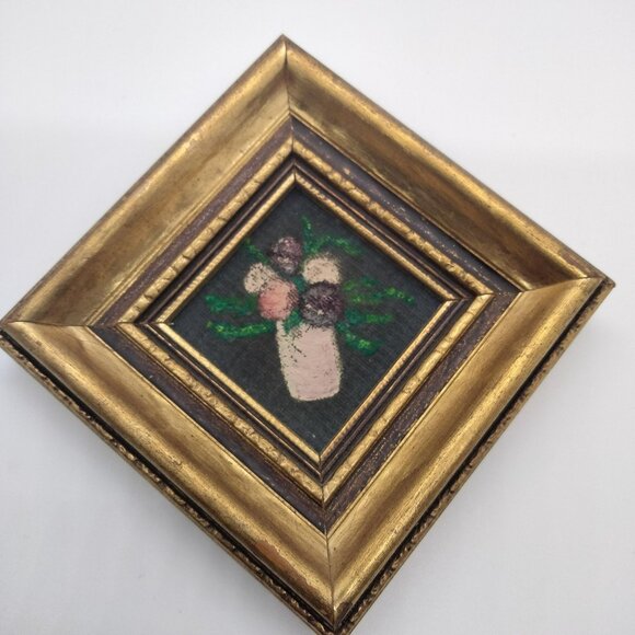 Vintage Miniature Original Floral Painting on Fabric Framed Art 3.5" x 3.5" - Picture 2 of 9
